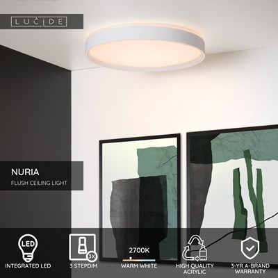Lucide NURIA - Flush ceiling light - Ø 50 cm- LED 3 StepDim - 1x36W 2700K - White